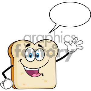 Cute Bread Slice Cartoon Mascot Character Waving For Greeting With Speech Bubble Vector Illustration Isolated On White Background