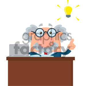 A cartoon character of a male professor with gray hair and glasses sits at a desk with a laptop and open book, having a bright idea symbolized by a light bulb.