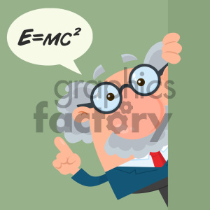 A cartoon professor character with glasses and gray hair peeking from behind a wall, pointing upwards. The speech bubble contains the equation E=MC.