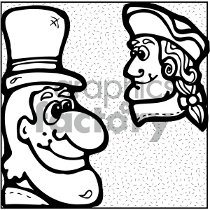 A black and white clipart image featuring cartoon-style head profiles reminiscent of 18th-century American figures, possibly representing American historical themes.