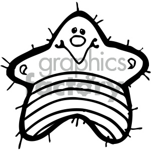 A black and white clipart image of a smiling star with striped patterns, evoking a patriotic theme.