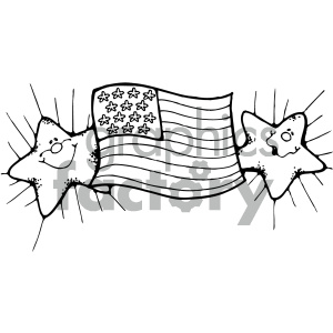 A black and white clipart image featuring a waving American flag with stars and two smiling star shapes on either side, representing a patriotic theme.