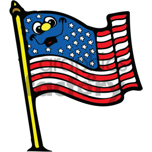 A cartoon-style American flag featuring a smiling face on the blue field with stars, symbolizing a fun patriotic theme.