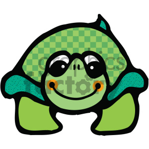 The image is a cartoon-style clipart of a smiling turtle. The turtle is stylized with a patterned shell, depicted in green with checkered shapes, and has spots on its limbs. It has large, friendly eyes and an exaggerated smile with rosy cheeks.