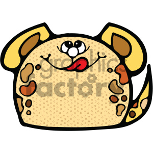 A cute, cartoon-style illustration of a dog with large, expressive eyes and a playful expression. The dog has a rounded body, patterned with various shapes and colors, and its tongue is hanging out. The overall design is simple and kid-friendly.