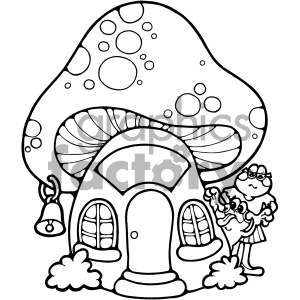 A black and white clipart image depicting a whimsical mushroom house with a bell hanging on its side. Beside the house stands a cartoon frog couple.