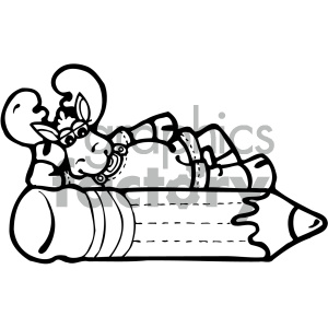 This clipart image features a cartoon moose lying atop a large pencil. The moose appears relaxed and is whimsically adorned with a pearl necklace and a flower behind its ear. Typically, such images might be used for educational purposes, possibly to engage children in school-related themes.
