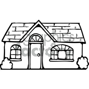 Clipart image of a simple house with a pitched roof, two framed windows with shutters, a front door, and shrubbery on both sides.