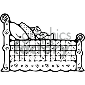 Black and white clipart image of a bed with a teddy bear and pillows.