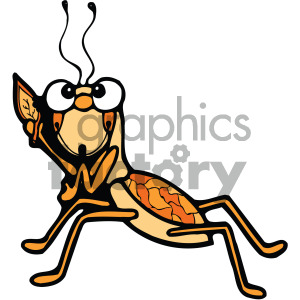This clipart image depicts a cartoonish, orange-colored cricket with large, expressive eyes, long antennae, and a detailed, textured abdomen.