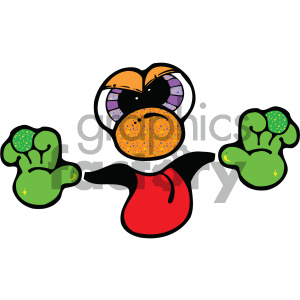 A colorful and whimsical cartoon character with large eyes, green hands, and an expressive face.