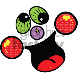 A whimsical clipart image featuring abstract eyes and a smiling mouth made of bright colors and patterns.