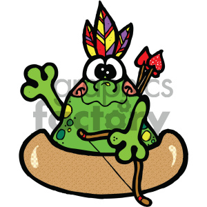 A cute cartoon frog character in a canoe, wearing a Native American headdress with colorful feathers and holding a bow and arrow.