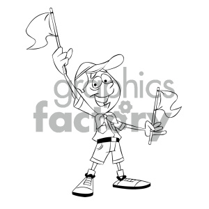 A cartoon boy scout holding two flags, one in each hand, with a cheerful expression on his face. The scout is wearing a cap, a neckerchief, and a scout uniform.