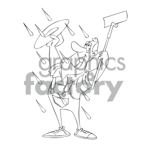 Black and white cartoon farmer happy to see rain