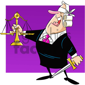 A cartoon representation of a blindfolded judge holding a balance scale in one hand and a sword in the other, symbolizing justice. The background is purple.