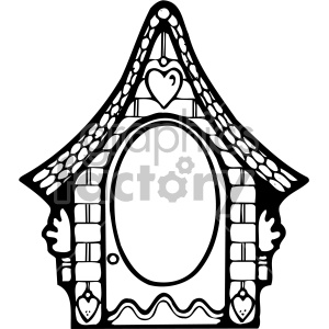 This clipart image features a stylized house frame. The frame shape resembles the front facade of a house with a triangular gable roof. It includes details such as a central circular window or opening, and is decorated with various patterns including bricks, hearts, and scalloped lines. The design has a whimsical, almost fairytale-like quality.