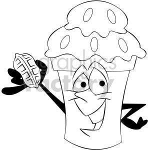 black and white cartoon ice cream mascot character with a chocolate coating