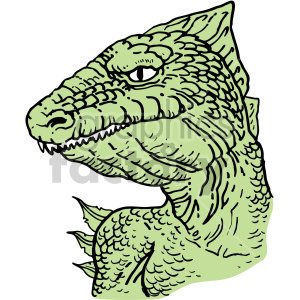 The image depicts a stylized illustration of a lizard-like creature's head and upper neck. Key features include a scaly texture, an alert eye, pointed snout with sharp teeth, and spiky extensions around the jawline and neck.