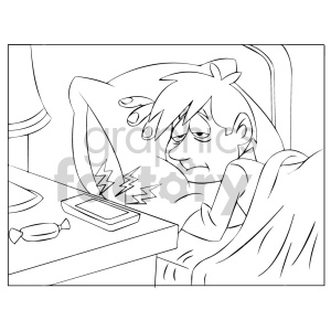   In the clipart image, there is a boy who appears to be waking up in his bed, looking tired and a bit grumpy. There is an alarm coming from his mobile phone, indicated by the lightning bolt symbols, suggesting that the phone