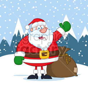 Clipart of Santa Claus in the snow, waving with a sack of presents.