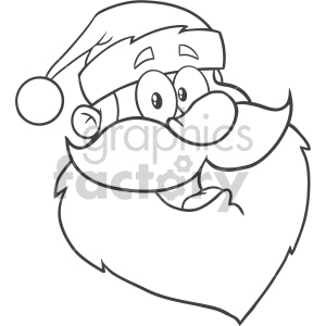 A black and white line drawing of Santa Claus's head, featuring his signature hat, large eyes, and bushy beard and mustache.