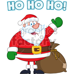 Clipart image of Santa Claus with a sack, waving and saying 'Ho Ho Ho'.