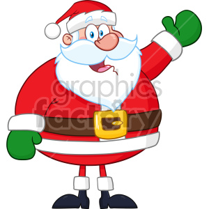 A cheerful cartoon Santa Claus waving, dressed in a traditional red suit with a black belt and green gloves.