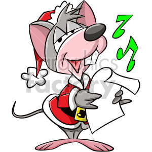 A cartoon mouse character dressed in a Santa outfit, holding sheet music and singing with musical notes around.