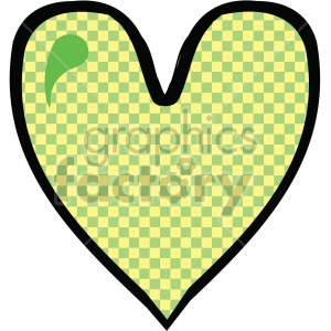 A green checkered heart clipart with a black outline and a small green embellishment.