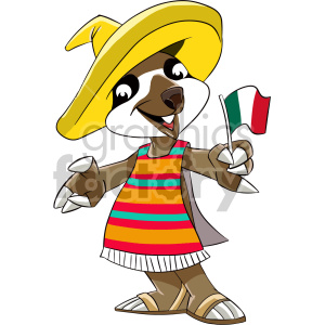 This clipart image features a cartoon sloth character dressed in Mexican-themed attire. The sloth is wearing a large yellow sombrero, a colorful striped poncho with a white fringe at the bottom, and brown sandals. It is also holding a small flag with the colors of the Mexican flag: green, white, and red.