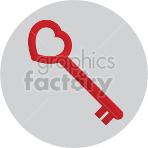 Clipart image of a red heart-shaped skeleton key on a gray circular background, symbolizing love and romance.