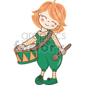 A cheerful cartoon illustration of an Irish girl dressed in green, playing a drum, symbolizing St. Patrick's Day festivities.