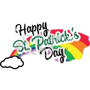 A festive St. Patrick's Day clipart image featuring the text 'Happy St. Patrick's Day' with a colorful rainbow and a cloud.