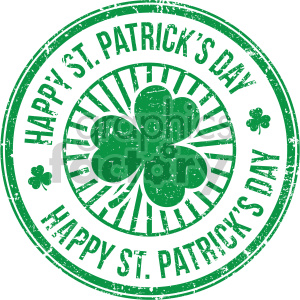 A circular green stamp design featuring a large shamrock in the center with the text 'Happy St. Patrick's Day' surrounding it. The image has a distressed, vintage look.