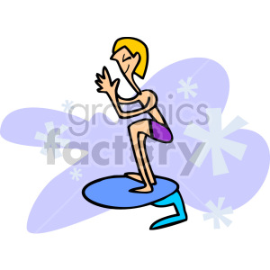 Cartoon clipart of a person surfing on a wave with a playful expression and colorful background.