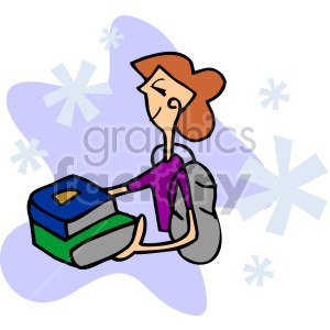 Clipart of a smiling girl holding books, wearing a backpack, with a stylized background of stars.