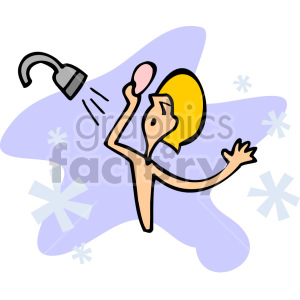 A stylized clipart image of a person taking a shower, with water flowing from a showerhead.