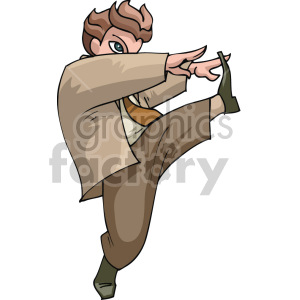 Illustration of a man performing a high kick in a dynamic pose, wearing a suit.