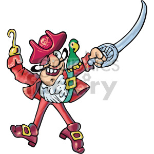 A cartoon pirate captain with a red hat and outfit, holding a sword in one hand and a hook in the other, with a parrot perched on his shoulder.