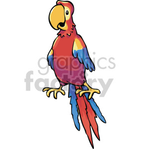 A colorful, cartoon-style illustration of a parrot with red, yellow, and blue feathers, typical of a tropical setting.