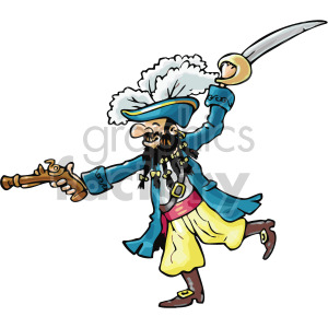 A clipart image of a pirate captain with a blue coat, holding a sword and a pistol. He has a black beard adorned with beads and a large hat with feathers.