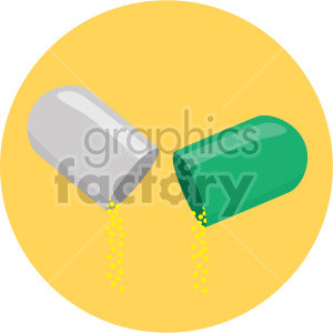 Illustration of an open capsule with yellow granules spilling out, representing medication and pharmaceuticals.