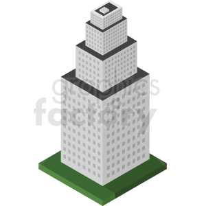 This clipart image features an isometric illustration of a multi-story office building. The building has a tiered design with several rectangular layers stacked on top of each other, each layer smaller than the one below. The structure is predominantly grey, and it is situated on a green base.