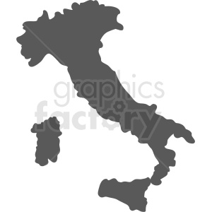 This image is a simple, monochrome silhouette of the geographical shape of Italy, including the main peninsula and the two major islands, Sicily and Sardinia.