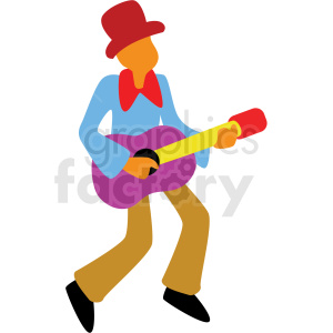 A colorful clipart illustration of a man playing a guitar, wearing a blue shirt, red hat, and brown pants.