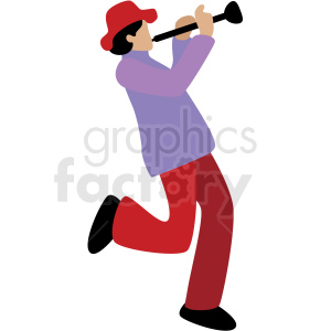 Clipart of a man playing a horn or wind instrument, wearing a red hat and colorful clothing.