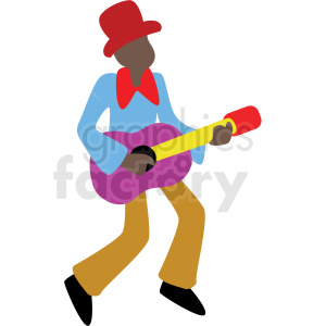 Clipart image of a musician wearing a red hat and playing a guitar.