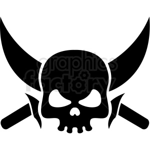 A black and white clipart image of a skull with cross swords behind it, resembling a pirate flag.