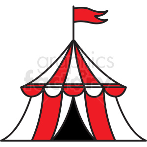 A clipart image of a red and white circus tent with a flag on top.